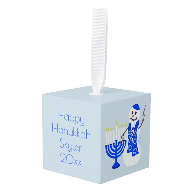 Hanukkah Snowman Chrismukkah Add Name And Year Cube Ornament (Front Angled)