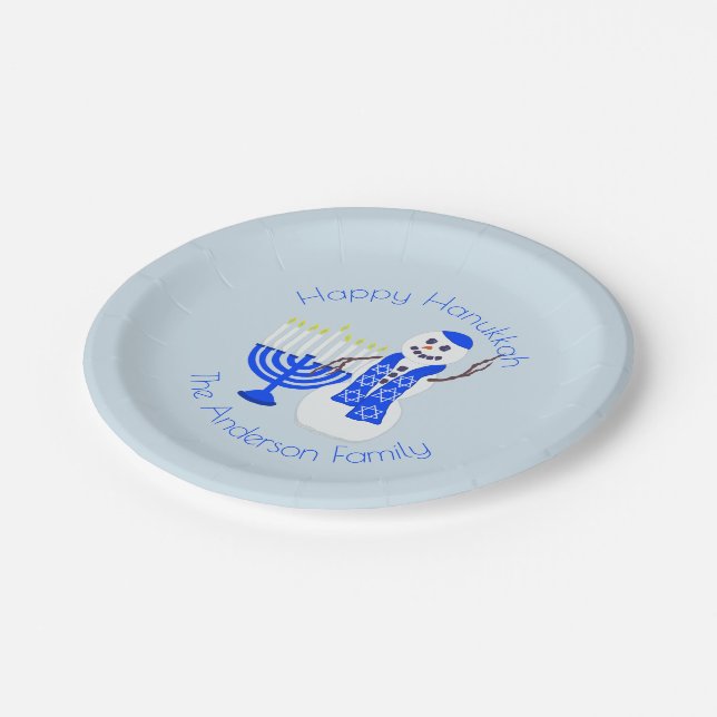 Hanukkah Snowman Chrismukkah Party Add Your Name Paper Plates (Angled)