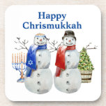 Hanukkah Snowman Christmas Chrismukkah  Beverage Coaster<br><div class="desc">This design may be personalized in the area provided by changing the photo and/or text. Or it can be customized by clicking Personalize this Template and then choosing the click to customize further option and delete or change the color of the background, add text, change the text color or style,...</div>