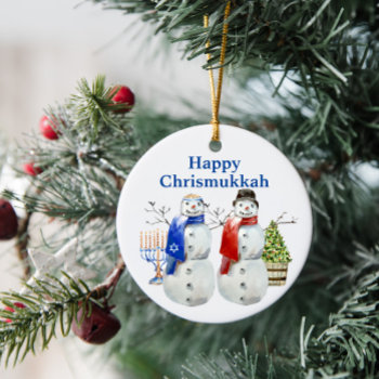 Hanukkah Snowman Christmas Chrismukkah Ceramic Ornament by ColorFlowCreations at Zazzle