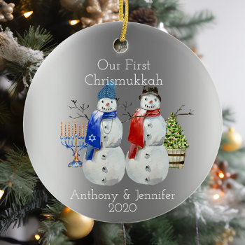 Hanukkah Snowman Christmas Our First Chrismukkah 2 Ceramic Ornament by ColorFlowCreations at Zazzle