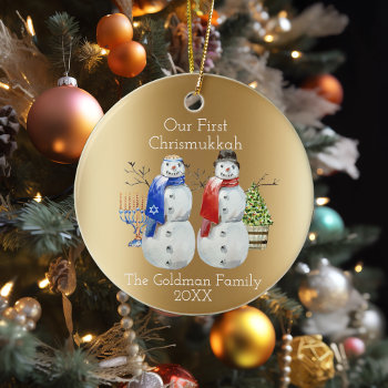 Hanukkah Snowman Christmas Our First Chrismukkah C Ceramic Ornament by ColorFlowCreations at Zazzle