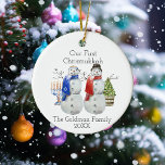 Hanukkah Snowman Christmas Our First Chrismukkah Ceramic Ornament<br><div class="desc">This design may be personalized in the area provided by changing the photo and/or text. Or it can be customized by clicking Personalize this Template and then choosing the click to customize further option and delete or change the color of the background, add text, change the text color or style,...</div>