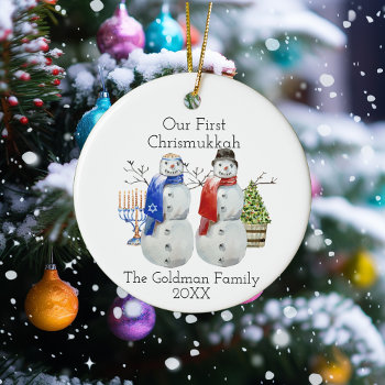 Hanukkah Snowman Christmas Our First Chrismukkah Ceramic Ornament by ColorFlowCreations at Zazzle