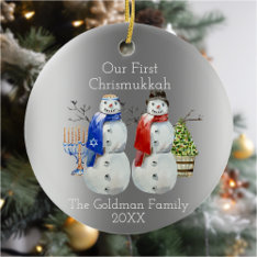 Hanukkah Snowman Christmas Our First Chrismukkah Ceramic Ornament at Zazzle