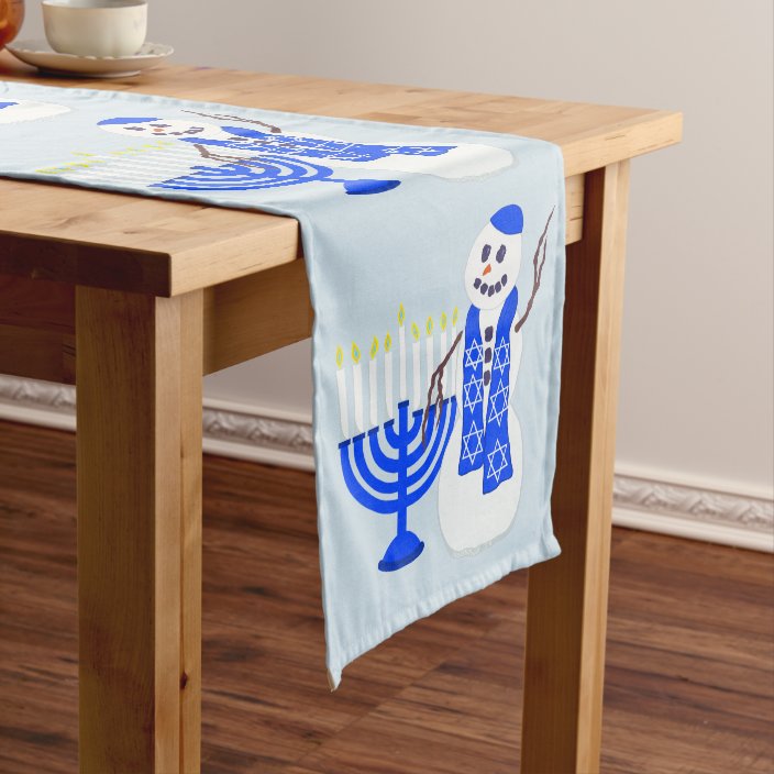 Hanukkah Snowman Cute Add Your Name Fun Holiday Long Table Runner Zazzle Com