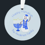 Hanukkah Snowman Menorah Chrismukkah Keepsake Ornament<br><div class="desc">Personalize one side of this Hanukkah snowman and Menorah for a one of a kind keepsake ornament. One side has a circle of text where you can customize and personalize the wording to your hearts content: add the year you were married, create a baby's first Hanukkah ornament or a personalized...</div>