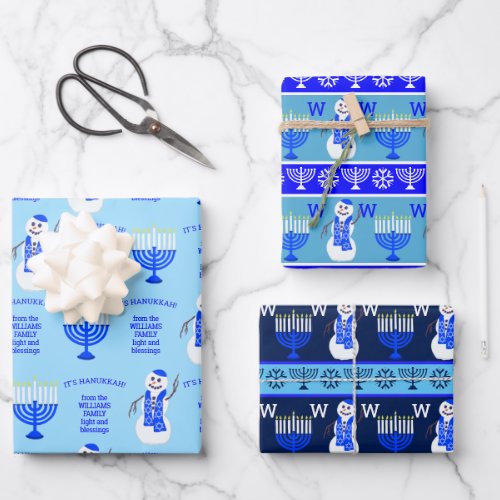 Hanukkah Snowman Monogram Holiday Assortment Wrapping Paper Sheets