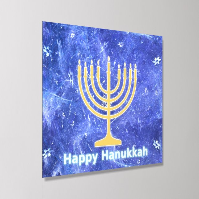Hanukkah Snowstorm Menorah Acrylic Photo Tile (Angled)