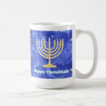 Hanukkah Snowstorm Menorah Coffee Mug<br><div class="desc">A glowing gold Hanukkah menorah and text reading "Happy Hanukkah" in glowing blue and white text superimposed on a blue and white fractal image reminiscent of snowflakes in a storm. Chag Sameach! Add your own additional text.</div>