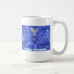 Hanukkah Snowstorm Menorah Coffee Mug<br><div class="desc">A glowing gold Hanukkah menorah and "Happy Hanukkah" in glowing blue and white text superimposed on a blue and white fractal image reminiscent of snowflakes in a storm. Chag Sameach!</div>