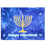 Hanukkah Snowstorm Menorah Cutout<br><div class="desc">A glowing gold Hanukkah menorah and "Happy Hanukkah" in glowing blue and white text superimposed on a blue and white fractal image reminiscent of snowflakes in a storm. Chag Sameach!</div>
