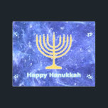 Hanukkah Snowstorm Menorah Metal Print<br><div class="desc">A glowing gold Hanukkah menorah and text reading "Happy Hanukkah" in glowing blue and white superimposed on a blue and white fractal image reminiscent of snowflakes in a storm. Chag Sameach! Feel free to ask me if you need assistance with other sizes. Click on "Ask this Designer" in the upper...</div>