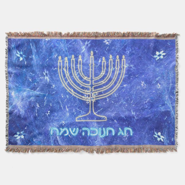 Hanukkah Snowstorm Menorah Throw Blanket (Front)