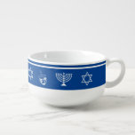 Hanukkah Soup Mug Menorah Star of David Dreidel<br><div class="desc">Festive Hanukkah soup mug featuring a dreidel,  menorah,  and Star of David in a repeat pattern,  edged in white on a blue background.  Designed by WebzPickz. #HanukkahGift</div>