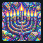 Hanukkah square sticker<br><div class="desc">AI generated Hanukkah design that is festive and colorful
Celebrate Hanukkah in a whirl of colors and lights, where a menorah's glow meets the playful dance of dreidels, all set in a universe of psychedelic wonder. 🌈🕎✨</div>
