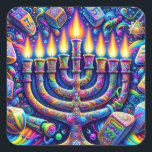 Hanukkah  square sticker<br><div class="desc">AI generated Hanukkah design that is festive and colorful
Celebrate Hanukkah in a whirl of colors and lights,  where a menorah's glow meets the playful dance of dreidels,  all set in a universe of psychedelic wonder. 🌈🕎✨</div>