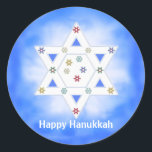 Hanukkah Star and Snowflakes Blue Classic Round Sticker<br><div class="desc">Stickers with my design of the Star of David and little colorful snowflakes on a blue and white background. Text says "Happy Hanukkah".</div>