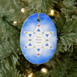 Hanukkah Star and Snowflakes Blue for Photo Ceramic Ornament<br><div class="desc">A festive Hanukkah photo ornament with my design of the Star of David for the photo frame and little colorful snowflakes on a wispy blue background.</div>