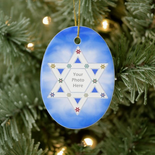 Hanukkah Star and Snowflakes Blue for Photo Ceramic Ornament (Tree)