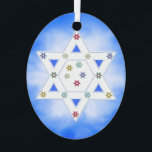 Hanukkah Star and Snowflakes Blue Metal Ornament<br><div class="desc">Hanging ornament with my original design for Hanukkah of the Star of David with little colorful snowflakes on a blue and white frosty look background.</div>