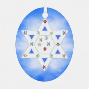 Hanukkah Star and Snowflakes Blue Metal Ornament