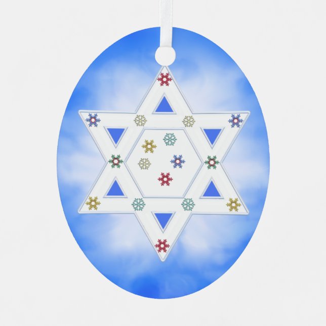 Hanukkah Star and Snowflakes Blue Metal Ornament (Front)
