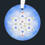 Hanukkah Star and Snowflakes Blue Ornament<br><div class="desc">Ornament with my design for Hanukkah with the Star of David and little colorful snowflakes on a blue and white frosty look background.</div>