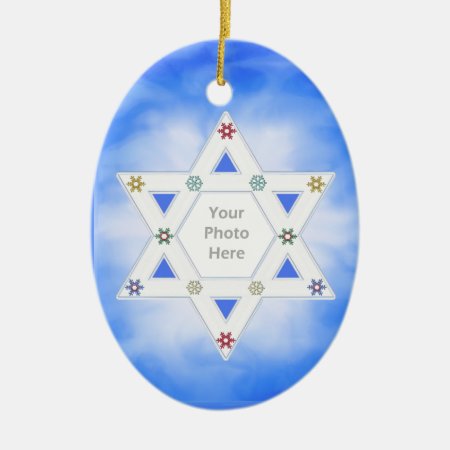 Hanukkah Star And Snowflakes Blue (photo Frame) Ceramic Ornament