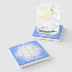 Hanukkah Star and Snowflakes Blue Stone Coaster