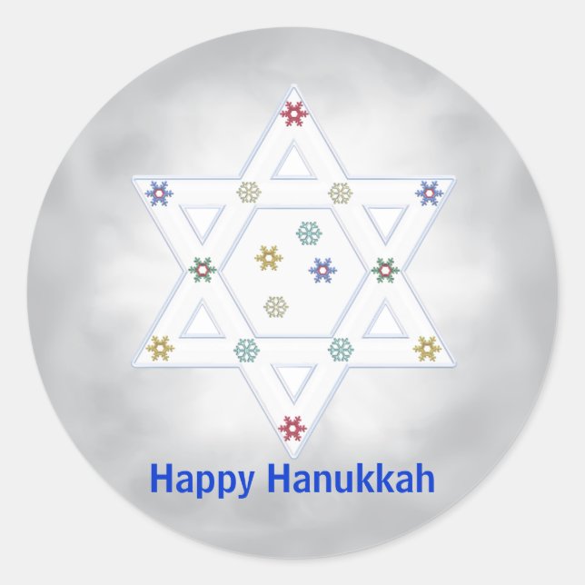 Hanukkah Star and Snowflakes Gray Classic Round Sticker (Front)