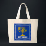 HANUKKAH Star David Menorah Personalized BLUE Large Tote Bag<br><div class="desc">Stylish tote bag with gold colored menorah and silver colored Star of David on a BLUE background (blue to match the Israeli flag). The greeting HAPPY HANUKKAH is customizable so you can add your name or change the greeting. Other matching items are available in the HANUKKAH Collection by Berean Designs,...</div>