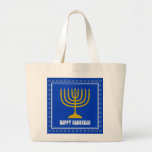 HANUKKAH Star David Menorah Personalized BLUE Large Tote Bag<br><div class="desc">Stylish tote bag with gold colored menorah and silver colored Star of David on a BLUE background (blue to match the Israeli flag). The greeting HAPPY HANUKKAH is customizable so you can add your name or change the greeting. Other matching items are available in the HANUKKAH Collection by Berean Designs,...</div>