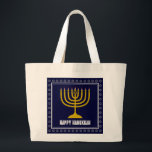 HANUKKAH Star David Menorah Personalized DARK BLUE Large Tote Bag<br><div class="desc">Stylish tote bag with gold colored menorah and silver colored Star of David on a DARK BLUE background. The greeting HAPPY HANUKKAH is customizable so you can add your name or change the greeting. Other matching items are available in the HANUKKAH Collection by Berean Designs, so you can create some...</div>