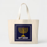 HANUKKAH Star David Menorah Personalized DARK BLUE Large Tote Bag<br><div class="desc">Stylish tote bag with gold colored menorah and silver colored Star of David on a DARK BLUE background. The greeting HAPPY HANUKKAH is customizable so you can add your name or change the greeting. Other matching items are available in the HANUKKAH Collection by Berean Designs, so you can create some...</div>