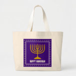 HANUKKAH Star David Menorah Personalized Purple Large Tote Bag<br><div class="desc">Stylish tote bag with gold colored menorah and silver colored Star of David on a royal rich PURPLE background. The greeting HAPPY HANUKKAH is customizable so you can add your name or change the greeting. Other matching items are available in the HANUKKAH Collection by Berean Designs, so you can create...</div>