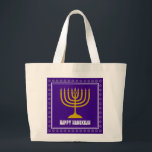 HANUKKAH Star David Menorah Personalized Purple Large Tote Bag<br><div class="desc">Stylish tote bag with gold colored menorah and silver colored Star of David on a royal rich PURPLE background. The greeting HAPPY HANUKKAH is customizable so you can add your name or change the greeting. Other matching items are available in the HANUKKAH Collection by Berean Designs, so you can create...</div>