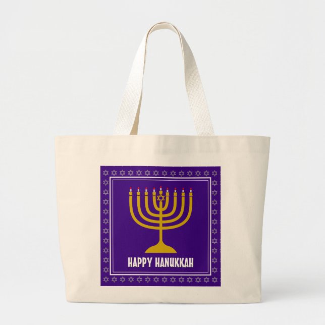 HANUKKAH Star David Menorah Personalized Purple Large Tote Bag (Front)