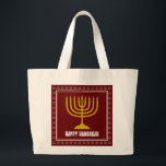 HANUKKAH Star David Menorah Personalized WINE RED Large Tote Bag<br><div class="desc">Stylish tote bag with gold colored menorah and silver colored Star of David on a BURGUNDY WINE RED background. The greeting HAPPY HANUKKAH is customizable so you can add your name or change the greeting. Other matching items are available in the HANUKKAH Collection by Berean Designs, so you can create...</div>
