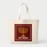 HANUKKAH Star David Menorah Personalized WINE RED Large Tote Bag<br><div class="desc">Stylish tote bag with gold colored menorah and silver colored Star of David on a BURGUNDY WINE RED background. The greeting HAPPY HANUKKAH is customizable so you can add your name or change the greeting. Other matching items are available in the HANUKKAH Collection by Berean Designs, so you can create...</div>