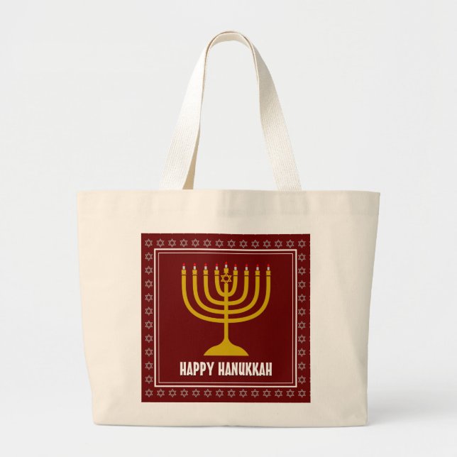 HANUKKAH Star David Menorah Personalized WINE RED Large Tote Bag (Front)