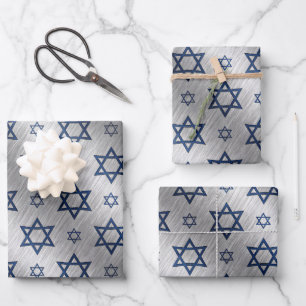 Hanukkah Star of David Blue Silver Metallic Look Wrapping Paper Sheets