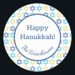 Hanukkah Star of David Classic Round Sticker<br><div class="desc">These fabulous gift tags would look great on all your Hanukkah gifts.  They are so modern yet classic with their blue,  turquoise and yellow Stars of David.  And,  they are customizable with your family name.</div>