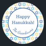 Hanukkah Star of David Classic Round Sticker<br><div class="desc">These fabulous gift tags would look great on all your Hanukkah gifts.  They are so modern yet classic with their blue,  turquoise and yellow Stars of David.  And,  they are customizable with your family name.</div>