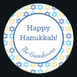 Hanukkah Star of David Classic Round Sticker<br><div class="desc">These fabulous gift tags would look great on all your Hanukkah gifts.  They are so modern yet classic with their blue,  turquoise and yellow Stars of David.  And,  they are customizable with your family name.</div>