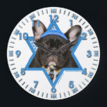 Hanukkah Star of David - French Bulldog - Teal Large Clock<br><div class="desc">What could make saying Happy Hanukkah more fun than having this French Bulldog wearing a Yamaka surrounded by the Star of David. This whimsical holiday design will be sure to delight your friends and family as well as other dog lovers. This design is available in over 100 Dog Breeds. If...</div>