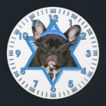 Hanukkah Star of David - French Bulldog - Teal Large Clock<br><div class="desc">What could make saying Happy Hanukkah more fun than having this French Bulldog wearing a Yamaka surrounded by the Star of David. This whimsical holiday design will be sure to delight your friends and family as well as other dog lovers. This design is available in over 100 Dog Breeds. If...</div>