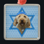 Hanukkah Star of David - GoldenDoodle Metal Ornament<br><div class="desc">What could make saying Happy Hanukkah more fun than having this GoldenDoodle Dog wearing a Yamaka surrounded by the Star of David. This whimsical holiday design will be sure to delight your friends and family as well as other dog lovers. This design is available in over 100 Dog Breeds. If...</div>