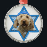 Hanukkah Star of David - GoldenDoodle Metal Ornament<br><div class="desc">What could make saying Happy Hanukkah more fun than having this GoldenDoodle Dog wearing a Yamaka surrounded by the Star of David. This whimsical holiday design will be sure to delight your friends and family as well as other dog lovers. This design is available in over 100 Dog Breeds. If...</div>