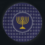 HANUKKAH Star of David Menorah Blue Silver Paper Plates<br><div class="desc">Celebrate your faith loud and proud during the HANUKKAH season with this stylish blue and silver gray party plate. The design shows a gold colored menorah at the centre, set against a silver gray Star of David pattern with midnight blue background.This plate is suitable for any Jewish-themed event, whether planned...</div>